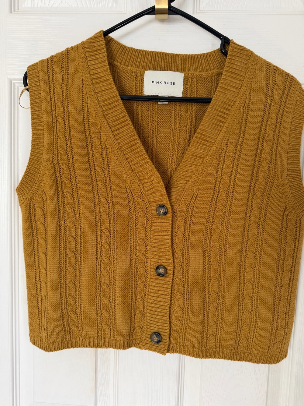 Pink Rose Mustard Cable Knit V-Neck Button Vest (Crop Top Size)